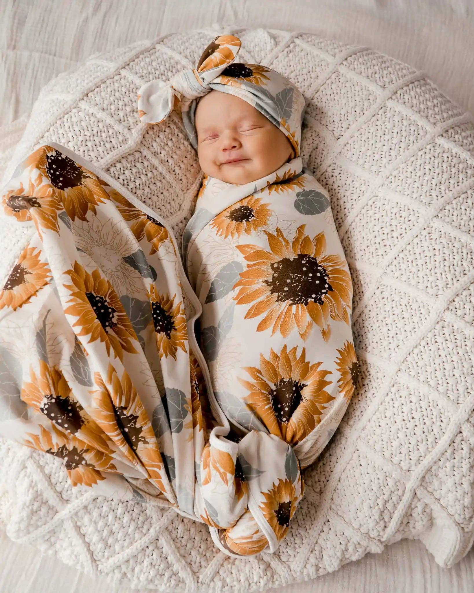 Snuggly Jacks Sunflowers Jersey Swaddle Stretch Wrap Top Knot Set Snuggle Baby