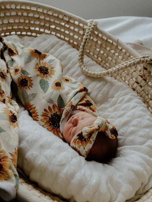 Snuggly Jacks - Sunflowers Jersey Swaddle Stretch Wrap & Top Knot Set